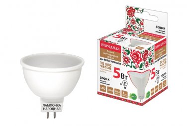 Фотография товара 'Tdm Лампа светодиодная MR16-5 Вт-230 В-3000 К–GU5,3 Народная SQ0340-0129'