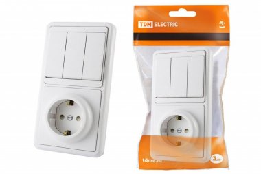 Фотография товара 'Tdm Блок комбинированный БКВР 3-х клавишный выключатель + розетка 2П+З с защитными шторками SQ1813-0003'