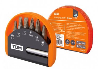 Фотография товара 'Tdm Набор бит №1, 6 бит: SL, PH, PZ, удлинитель CR-V сталь, в пластиковом держателе, «Алмаз» SQ1019-0101'