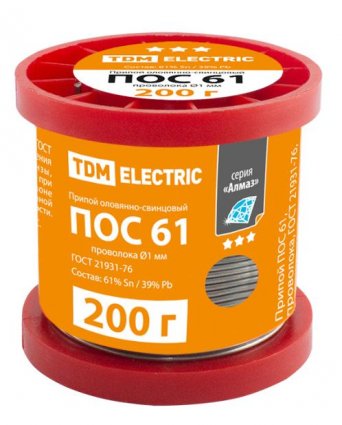 Фотография товара 'Tdm Припой ПОС 61, проволока, ГОСТ 21931-76, катушка, серия "Алмаз" SQ1025-0314'