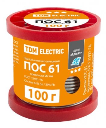 Фотография товара 'Tdm Припой ПОС 61, проволока, ГОСТ 21931-76, катушка, серия "Алмаз" SQ1025-0316'