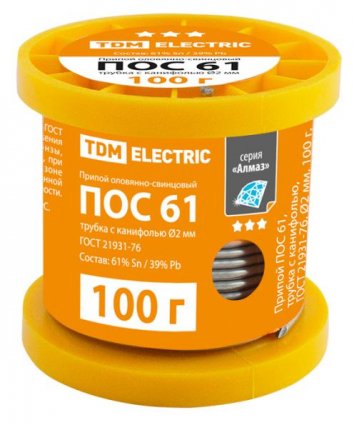 Фотография товара 'Tdm Припой ПОС 61, трубка с канифолью, ГОСТ 21931-76, катушка, серия "Алмаз" SQ1025-0307'