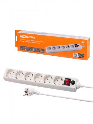 Фотография товара 'Tdm Сетевой фильтр СФ-06В выключатель, 6 гнезд, 3 метра, SQ1304-0020'