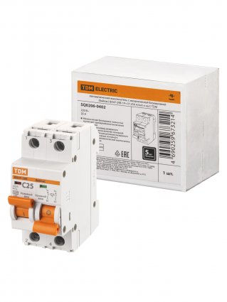 Фотография товара 'Tdm Автоматический выключатель с механической блокировкой (байпас) ВА47-29Б 1Р+1Р 25А 4,5кА, SQ0206-0402'