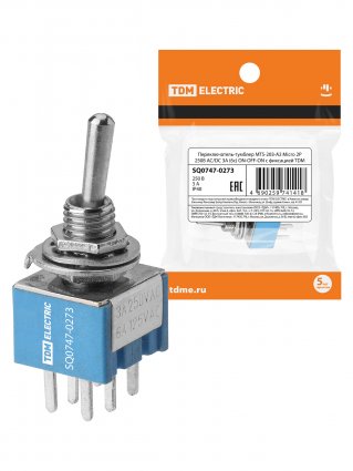 Фотография товара 'Tdm SQ0747-0273 Переключатель-тумблер MTS-203-A2 Micro 2P 250В AC/DC 3А (6c) ON-OFF-ON'