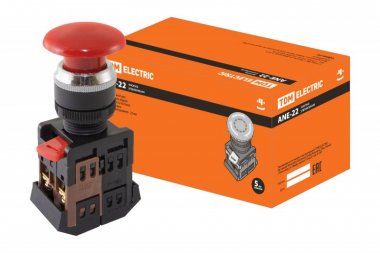 Фотография товара 'Tdm Кнопка ANE-22 "Грибок"с фиксацией красный d22мм неон/230В 1з+1р SQ0704-0019'