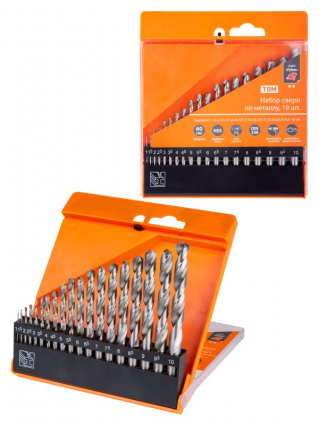 Фотография товара 'Tdm Набор сверл по металлу, 19 шт. (1-10) мм, шаг 0,5 мм, полир., HSS, ц. хв., Рубин SQ1093-0102'