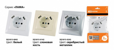 Фотография товара 'Tdm Розетка 2П+З 16А 250В + 2 USB порта 2,1А 5В Лама SQ1815-0142'