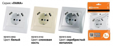 Фотография товара 'Tdm Розетка 2П+З 16А 250В + 2 USB порта 2,1А 5В Лама SQ1815-0242'