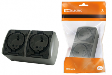 Фотография товара 'Tdm Розетка двойная 2П+3 открытой установки IP54 16А с прозрачной крышкой Селигер SQ1818-0109'