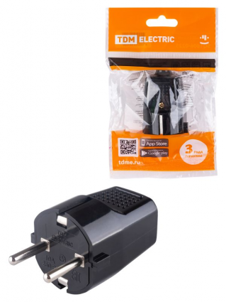 Фотография товара 'Tdm Вилка прямая с/з черная c перфорацией 10А 250В SQ1806-0198'