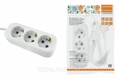 Фотография товара 'Tdm Удлинитель народный УН03 3 гнезда, 3 метра, с/з, ПВС 3х0,75мм2 10А/250В SQ1303-1041'