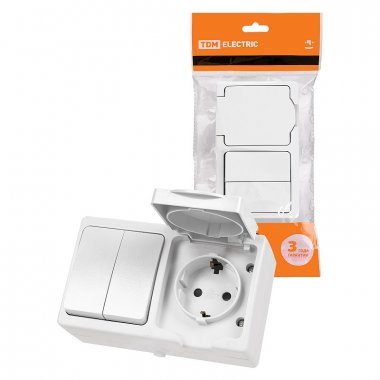 Фотография товара 'Tdm SQ1803-1012 Блок (горизонтальный) выключатель 2-кл. + розетка 2П+З с з/ш БКВР IP54'