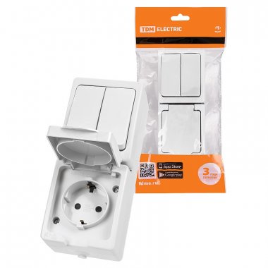 Фотография товара 'Tdm SQ1803-1013 Блок (вертикальный) выключатель 2-кл. + розетка 2П+З с з/ш БКВР IP54'