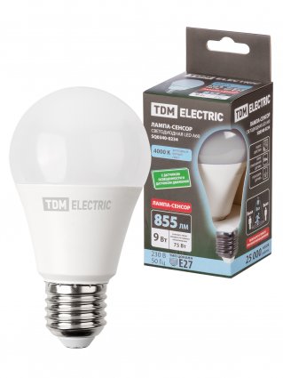 Фотография товара 'Tdm Лампа светодиодная А60-9 Вт-230 В-4000 К-E27 "СЕНСОР", SQ0340-0234'
