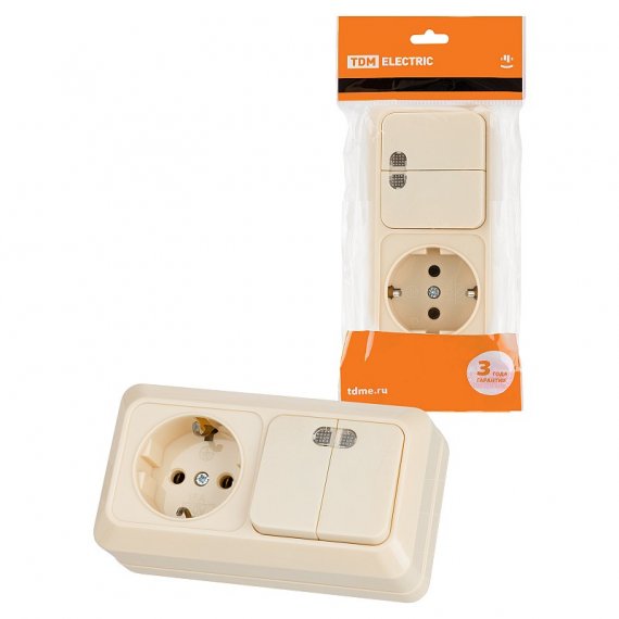 Фотография товара 'Tdm SQ1801-0204 Блок комбинированный выкл. 2-кл. с/п 10А + розетка 2П+З 16А 250В БКВР IP20'
