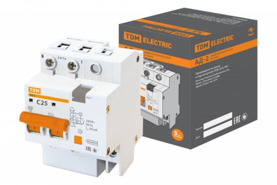 Фотография товара 'Tdm Дифференциальный автомат АД-2 2Р 25А 30мА SQ0221-0002'