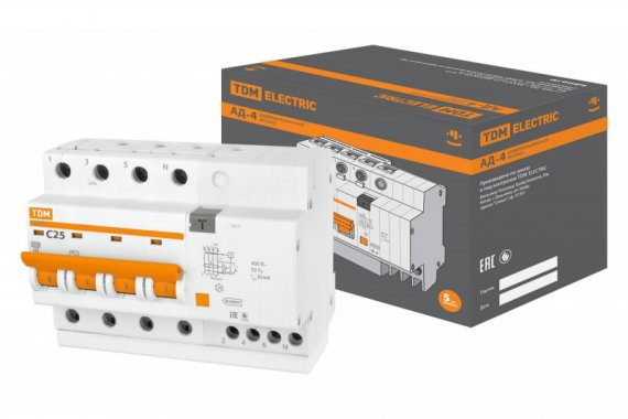 Фотография товара 'Tdm Дифференциальный автомат АД-4 4Р 25А 30мА SQ0221-0007'