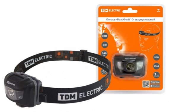 Фотография товара 'Tdm Фонарь «Налобный 10» аккумуляторный, 5 Вт 1 светодиод CREE, Li-Ion 3,7 В 0,6 А*ч, USB, сенсор, SQ0350-0062'