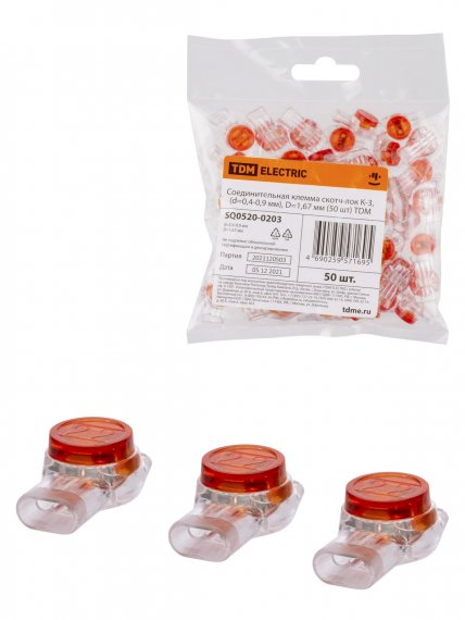 Фотография товара 'Tdm Соединительная клемма скотч-лок К-3, (d=0,4-0,9 мм), D=1,67 мм, SQ0520-0203'
