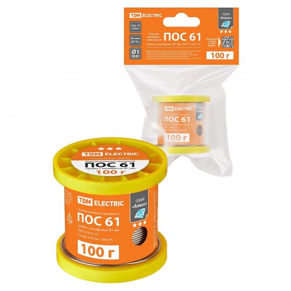 Фотография товара 'Tdm SQ1025-1801 Припой ПОС 61, трубка с канифолью, ГОСТ 21931-76, ?1 мм, 100 г'