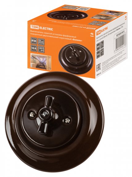 Фотография товара 'Tdm Выключатель скрытой установки фарфоровый поворотный 2-клавишный с ручкой (бантик) 10А, SQ1820-0415'