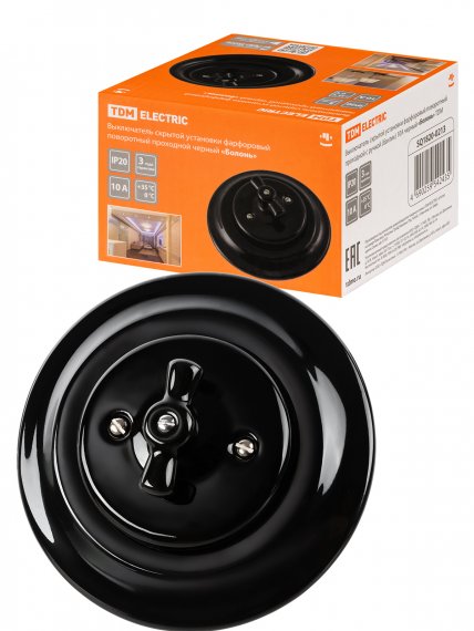 Фотография товара 'Tdm Выключатель скрытой установки фарфоровый поворотный проходной с ручкой (бантик) 10А, SQ1820-0213'