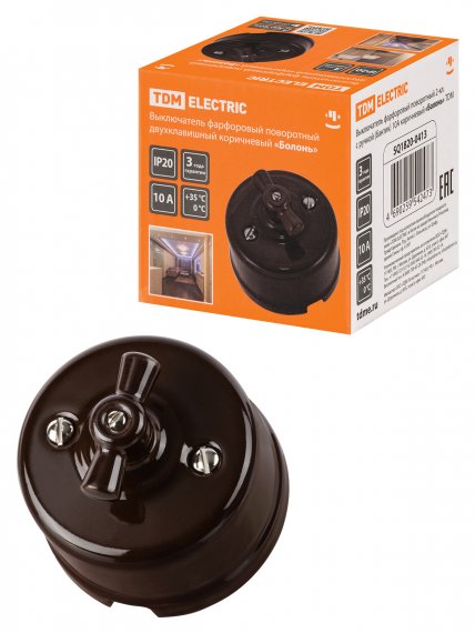 Фотография товара 'Tdm Выключатель фарфоровый поворотный 2-кл. с ручкой (бантик) 10А, SQ1820-0413'