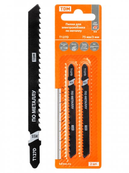 Фотография товара 'Tdm Пилки для электролобзика по металлу, HSS, 75х3 мм, быстрый рез, T127D, 2 шт, "Рубин", SQ1089-0211'