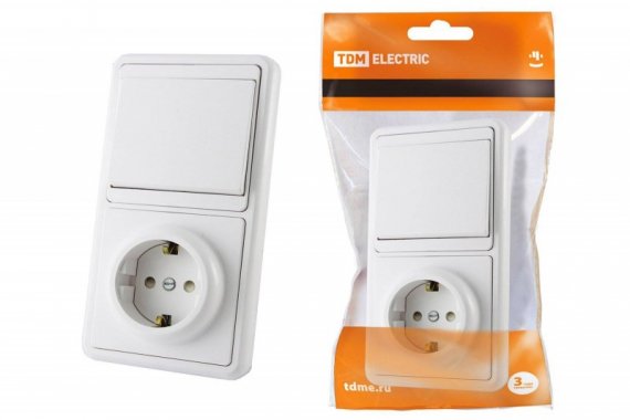 Фотография товара 'Tdm Блок комбинированный БКВР 1-но клавишный выключатель + розетка 2П+З с защитными шторками SQ1813-0001'