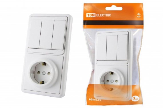 Фотография товара 'Tdm Блок комбинированный БКВР 3-х клавишный выключатель + розетка 2П+З с защитными шторками SQ1813-0003'
