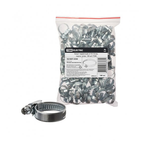 Фотография товара 'Tdm SQ1807-0350 Хомут червячный, d 10-16 мм, оцинк'