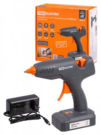 Фотография товара 'Tdm Клеевой пистолет аккумуляторный КПА-60, 11,3 мм, 12В, 2,2 А*ч Li-Ion, 60 Вт, Т=220 С "Алмаз", SQ1024-0110'