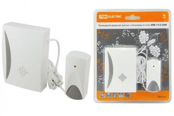 Фотография товара 'Tdm Звонок проводной на батарейках ЗПБ-11/2-25М (25 мелодий, кнопка IP30, 2х1,5В АА) SQ1901-0015'