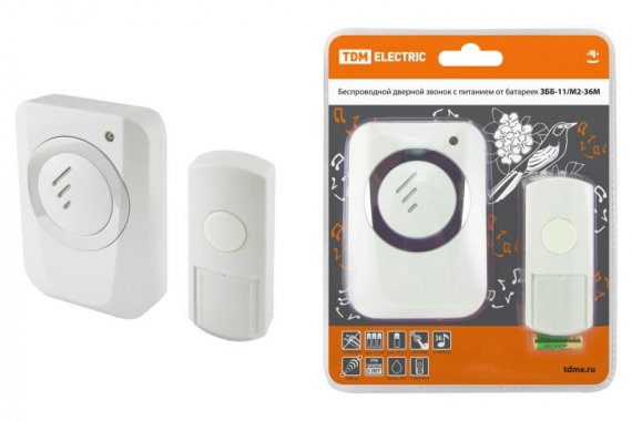 Фотография товара 'Tdm Звонок беспроводной на батарейках ЗББ-11/М2-36М (36 мелодий, кнопка IP44, 3х1,5В АА, многокодовый) SQ1901-0005'