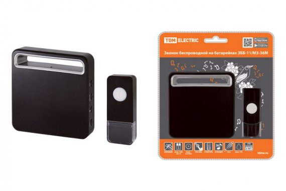 Фотография товара 'Tdm Звонок беспроводной на батарейках ЗББ-11/М3-36М (36 мелодий, кнопка IP44, 2х1,5В АА, многокодовый) SQ1901-0031'