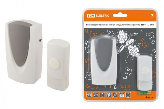 Фотография товара 'Tdm Звонок беспроводной в розетку ЗБР-11/2-36М (36 мелодий, кнопка IP44, AC 230V) SQ1901-0009'