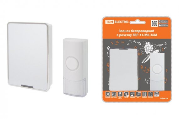 Фотография товара 'Tdm Звонок беспроводной в розетку ЗБР-11/М6-36М (36 мелодий, кнопка IP44, AC 230В, многокодовый) SQ1901-0045'