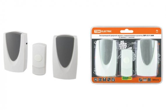 Фотография товара 'Tdm Звонок беспроводной в розетку ЗБР-21/1-36М (36 мелодий, кнопка IP44, AC 230V, 2 звонка) SQ1901-0012'