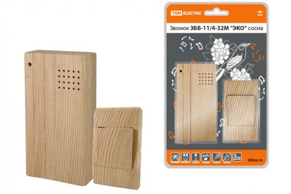 Фотография товара 'Tdm Звонок беспроводной на батарейках ЗББ-11/4-32М "ЭКО" (32 мелодии, кнопка IP30, 2х1,5В ААА) SQ1901-0022'