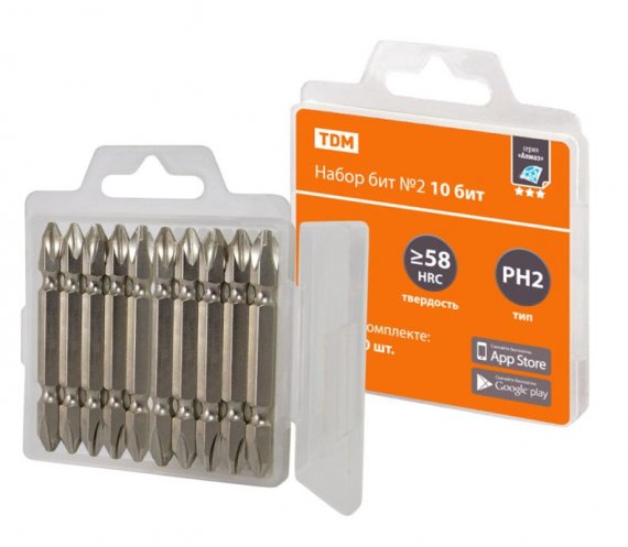 Фотография товара 'Tdm Набор бит №2, 10 бит: PH2x10, сталь S2 в пластиковом держателе, «Алмаз» SQ1019-0102'