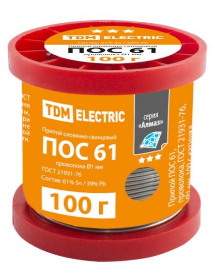 Фотография товара 'Tdm Припой ПОС 61, проволока, ГОСТ 21931-76, катушка, серия "Алмаз" SQ1025-0313'