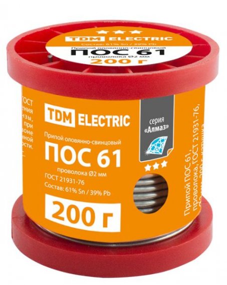 Фотография товара 'Tdm Припой ПОС 61, проволока, ГОСТ 21931-76, катушка, серия "Алмаз" SQ1025-0317'