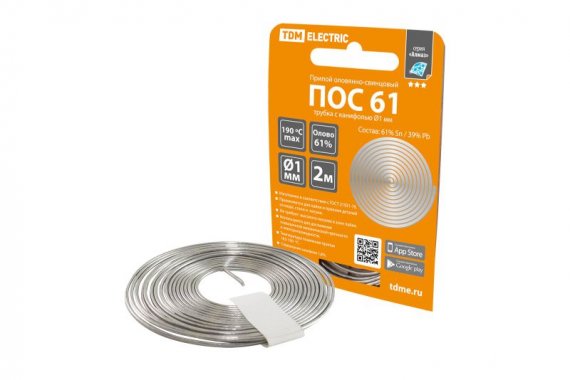 Фотография товара 'Tdm Припой ПОС 61, трубка с канифолью, ГОСТ 21931-76, спираль, серия "Алмаз" SQ1025-0301'