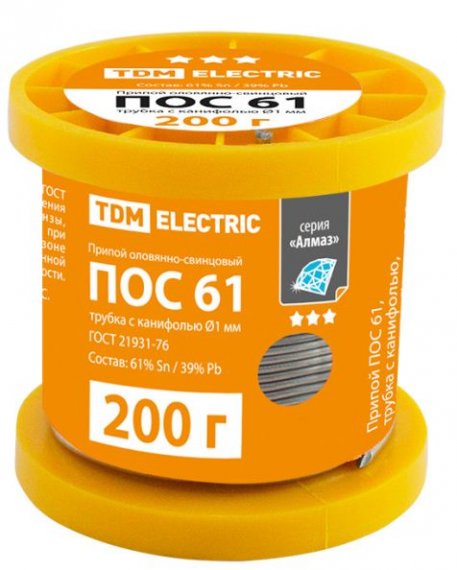Фотография товара 'Tdm Припой ПОС 61, трубка с канифолью, ГОСТ 21931-76, катушка, серия "Алмаз" SQ1025-0305'