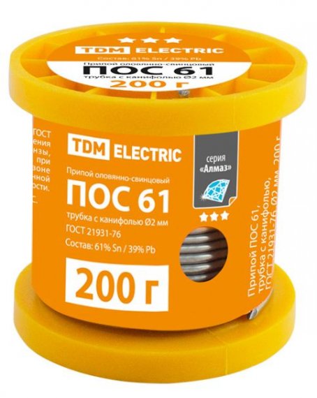 Фотография товара 'Tdm Припой ПОС 61, трубка с канифолью, ГОСТ 21931-76, катушка, серия "Алмаз" SQ1025-0308'