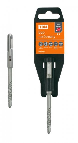 Фотография товара 'Tdm Бур по бетону, 6?110?50 мм, SDS-Plus, 2 резца, пластиковый держатель, "Рубин" SQ1094-0101'