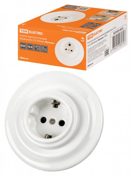 Фотография товара 'Tdm Розетка скрытой установки фарфоровая 2П+З 16А 250В «Болонь», SQ1820-0022'