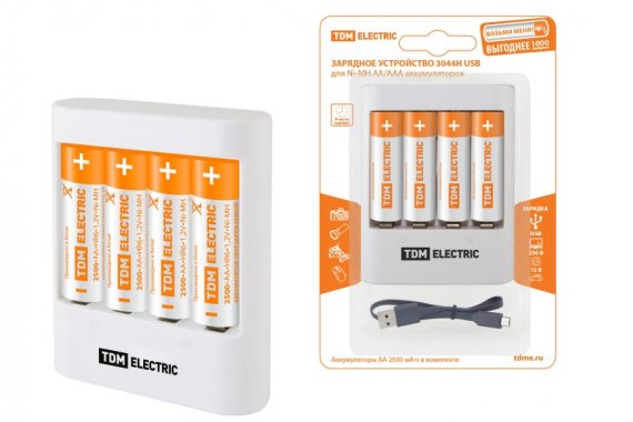 Фотография товара 'Tdm Зарядное устройство 3044Н (300 mA 4 слота АА/ААА 2 кан.+4xAA2500 USB) SQ1702-0105'