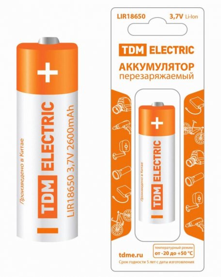 Фотография товара 'Tdm Аккумулятор LIR18650 3,7 В 2600 мА*ч Li-Ion, с защитой, BP-1, SQ1702-0088'